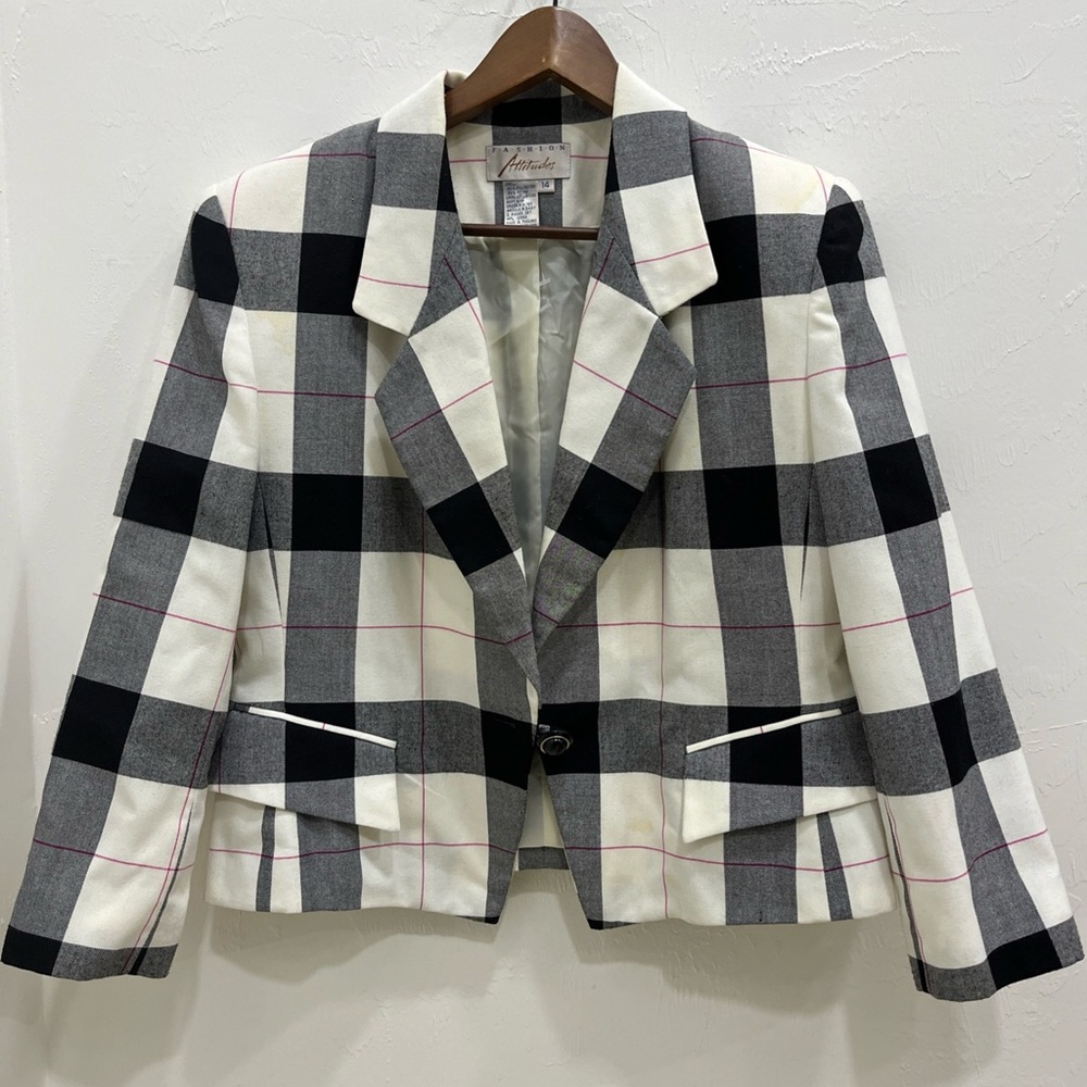 VTG Fashion Attitude Wool plaid blazer jacket coat Sz 10‎ Black White Gray